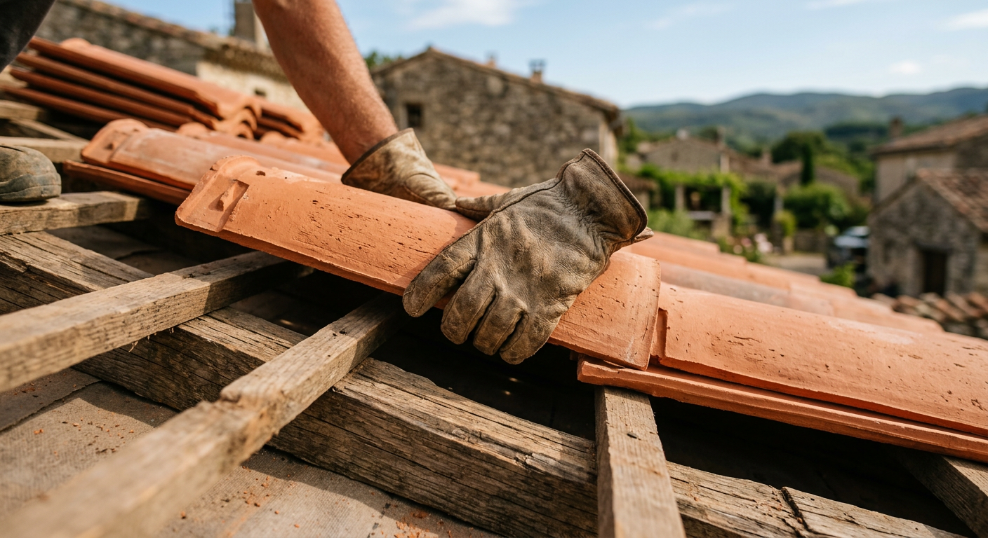 Pose de tuiles neuves en terre cuite lors d’une rénovation de toiture