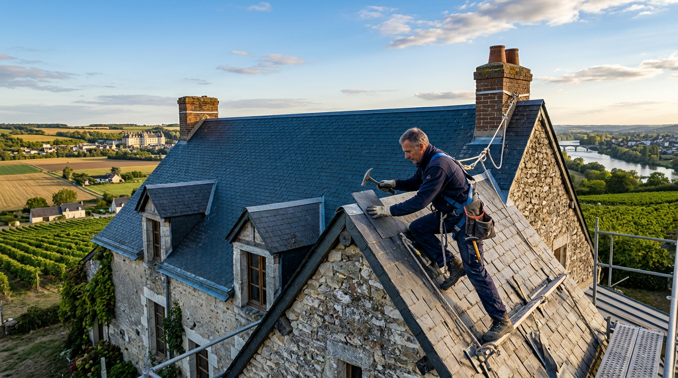 Couvreur de MM Couverture travaillant sur une toiture en ardoise près de Blois