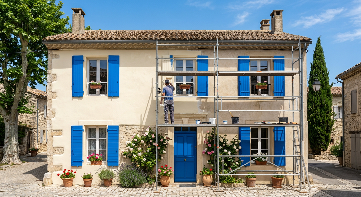 Façade fraîchement repeinte avec volets bleus